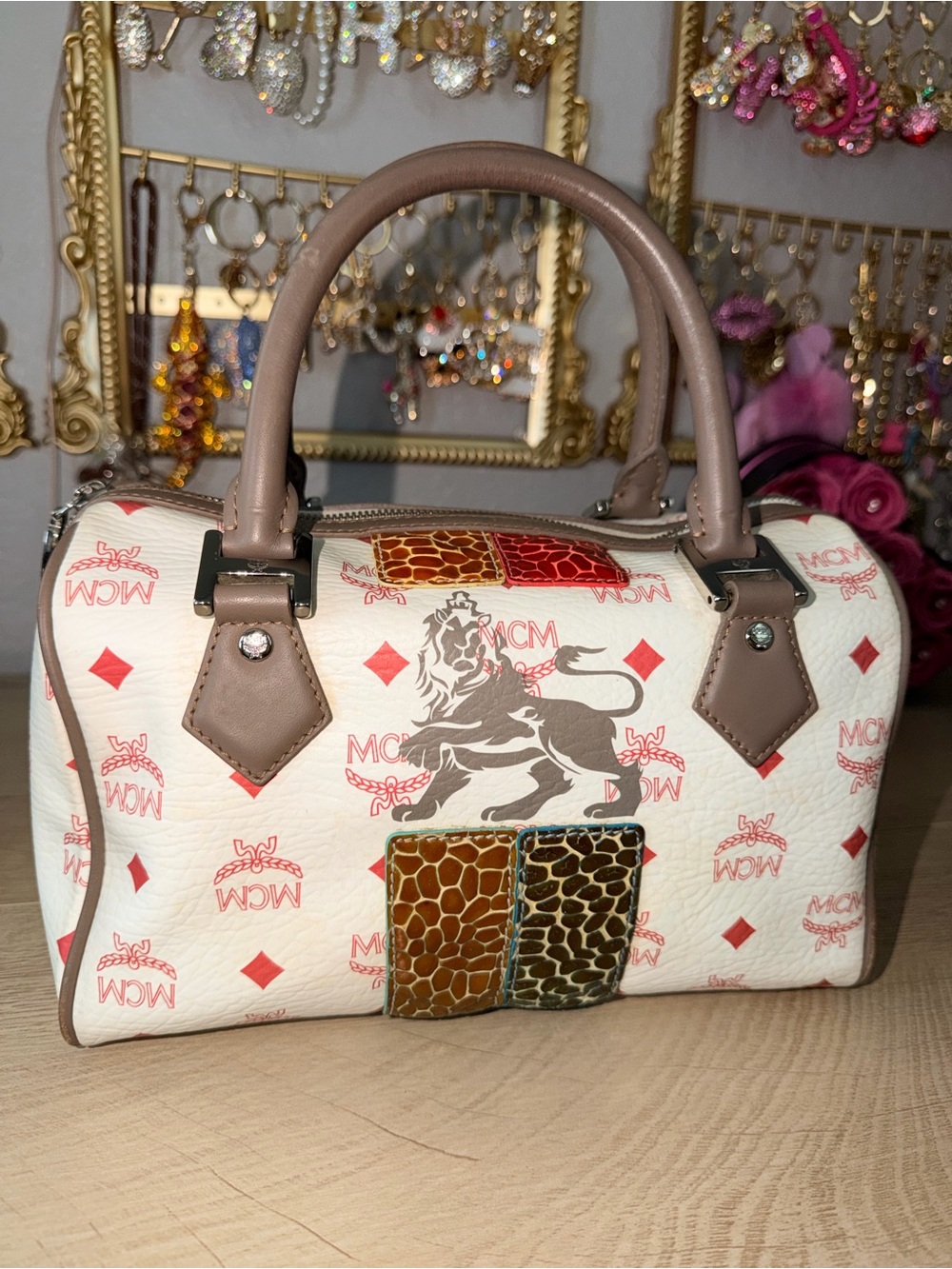 MCM White Logo Canvas Satchel with Brown Handles and Multicolor Accents